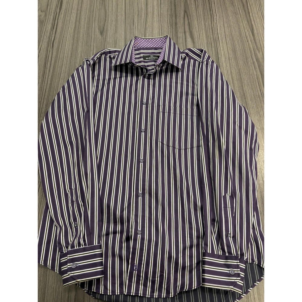 Bugatchi Uomo Men's M Purple White Stripe Dress Shirt Modern Fit Floral Trim